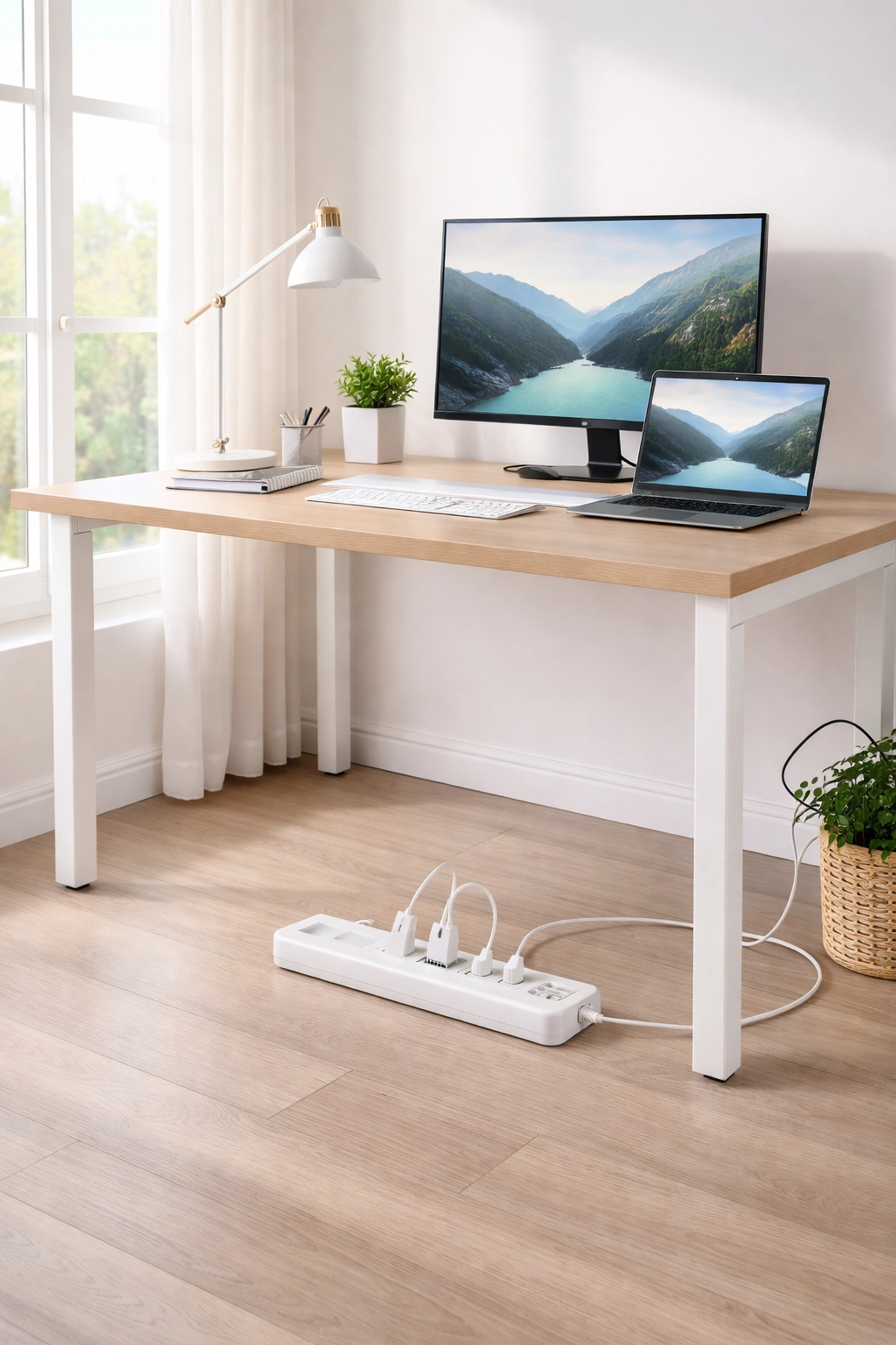 Surge protector power strip protecting home office electronics from winter power surges