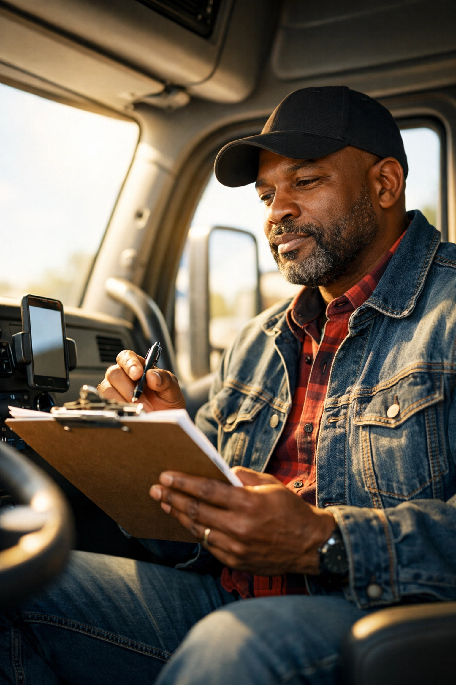 Owner-operator reviewing load paperwork in truck cab before carrier rate negotiation
