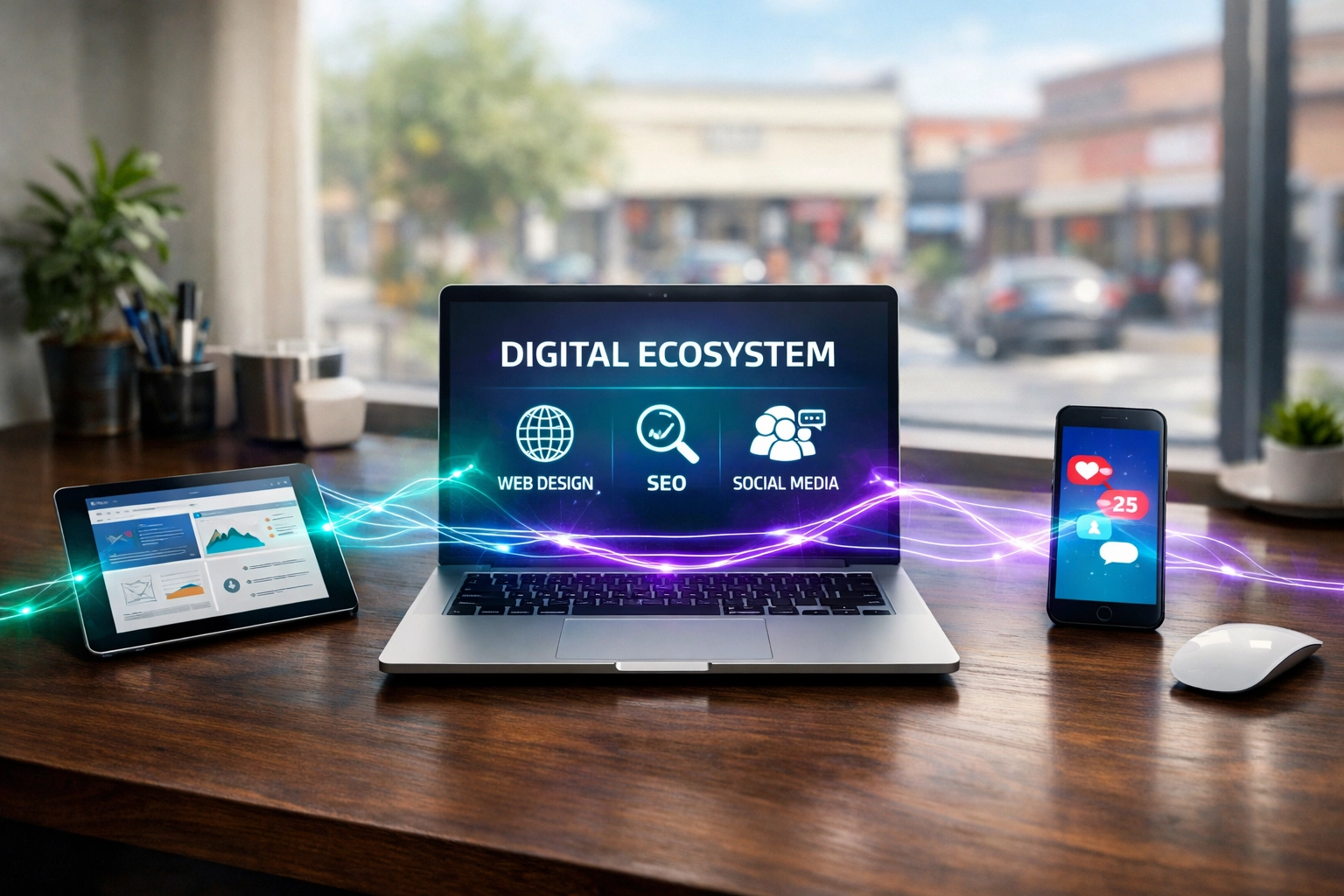 Devices on a desk showing synergy between web design for small business and social media management services.