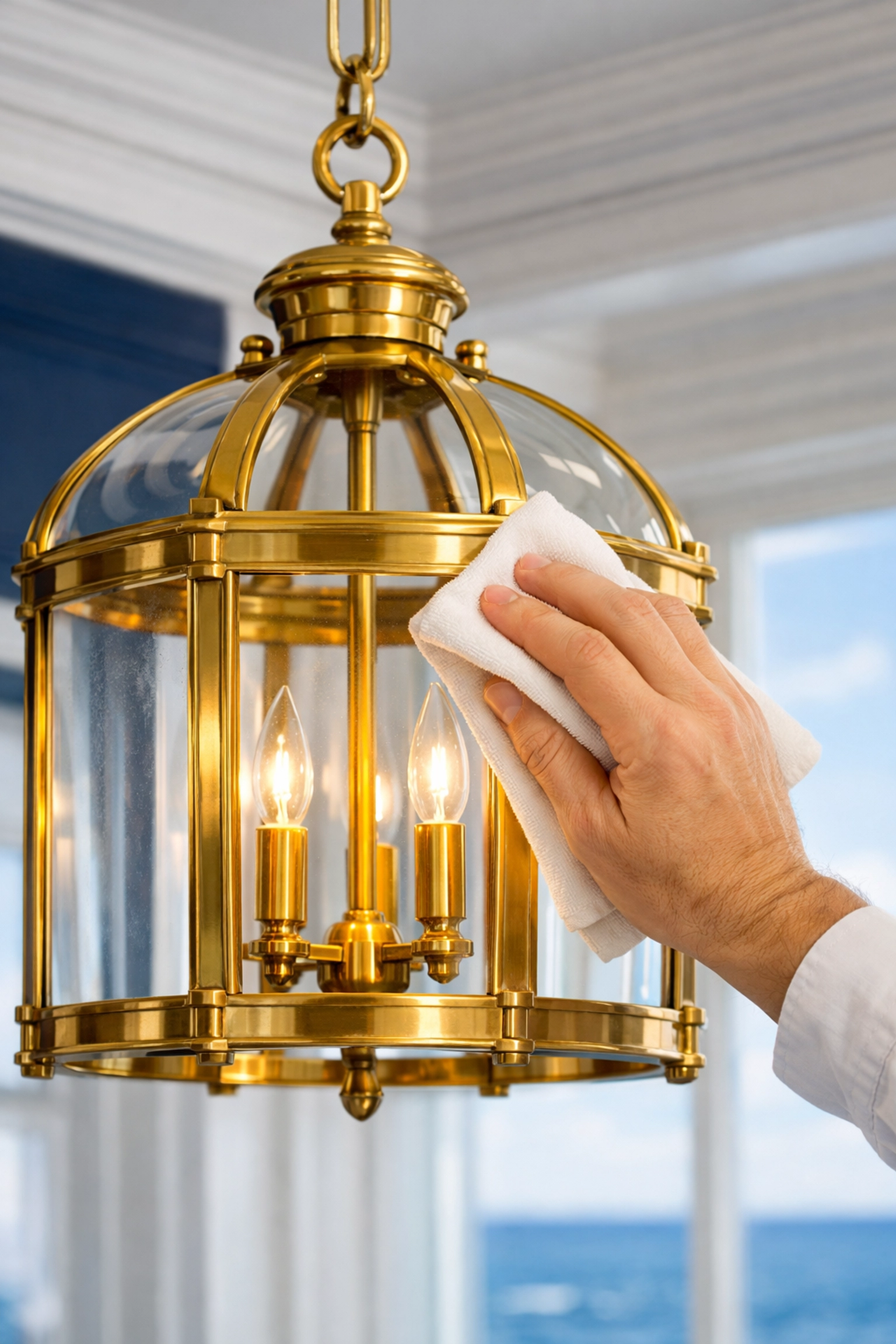 Professional weekly house cleaning in Marblehead removing salt spray from luxury brass light fixtures.