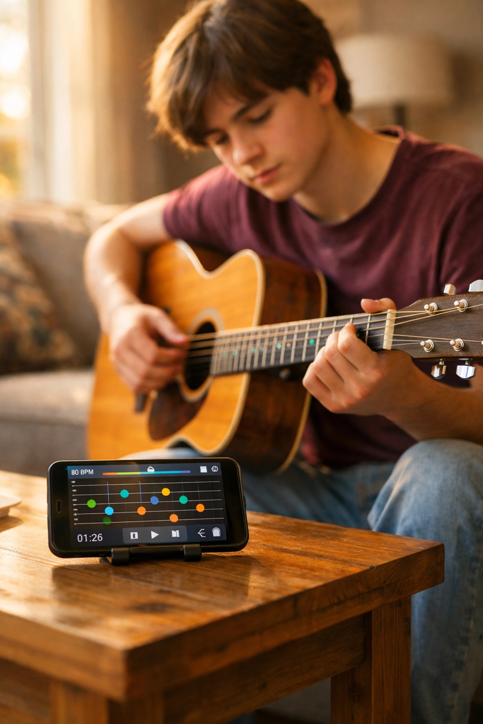 A student using a guitar practice app for online music lessons at home.