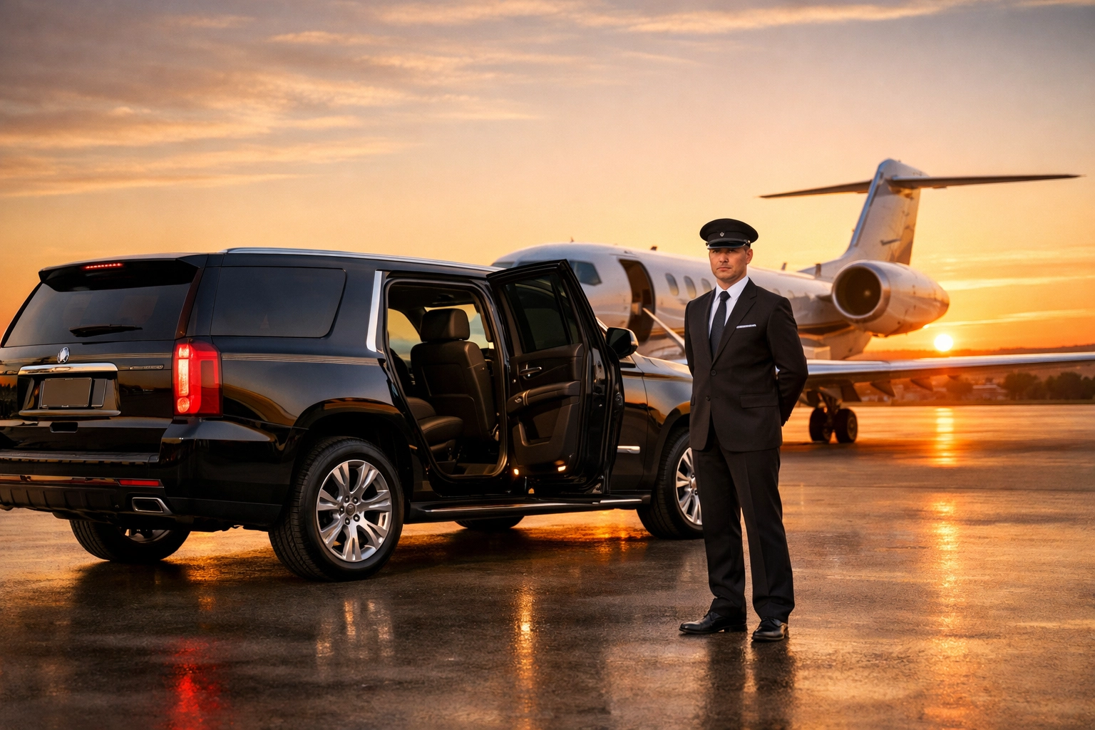 Executive chauffeur and luxury SUV with private jet for premium corporate travel logistics