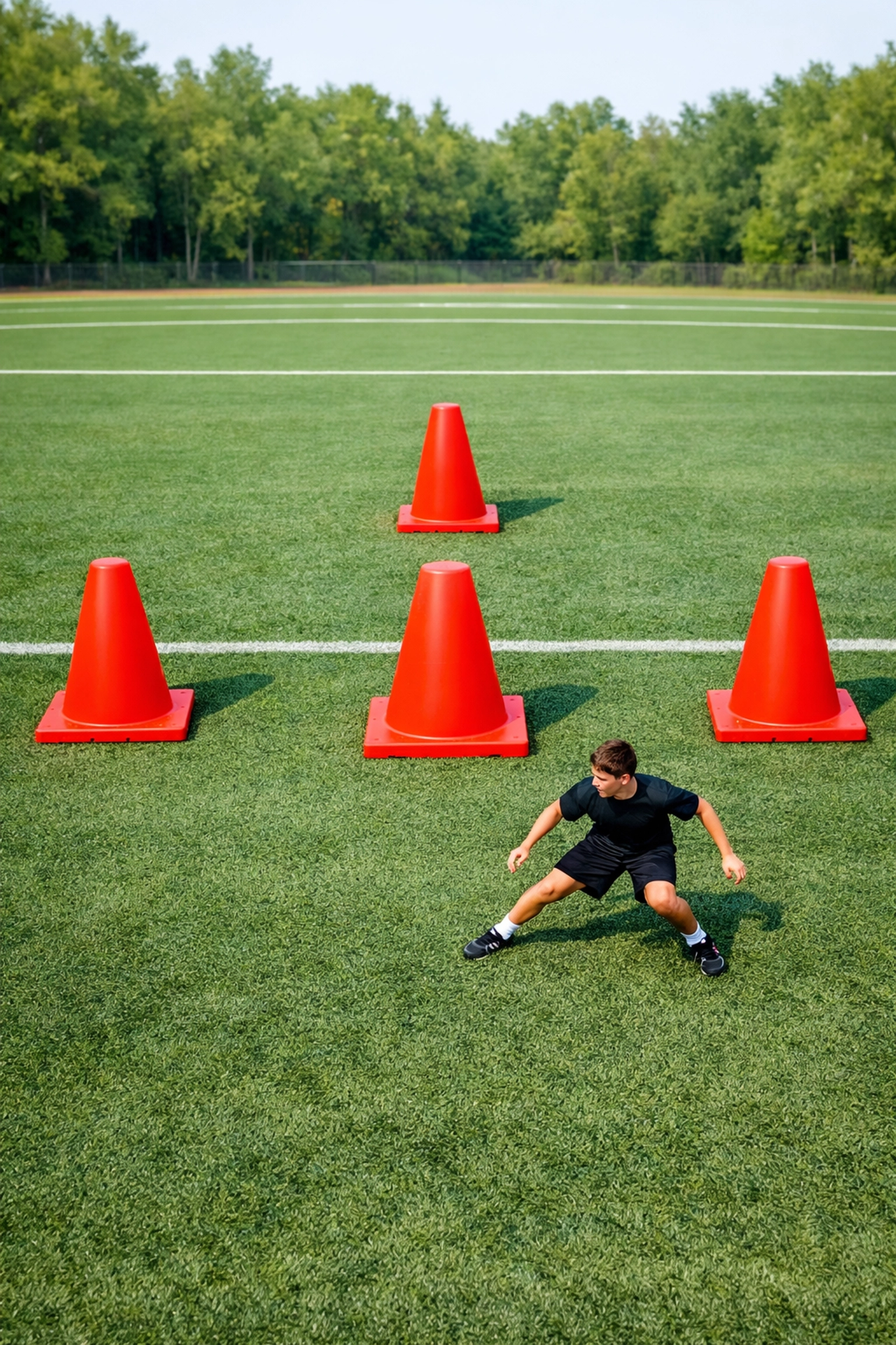 Young athlete practicing a lateral shuffle drill using a T-drill setup with red agility cones.