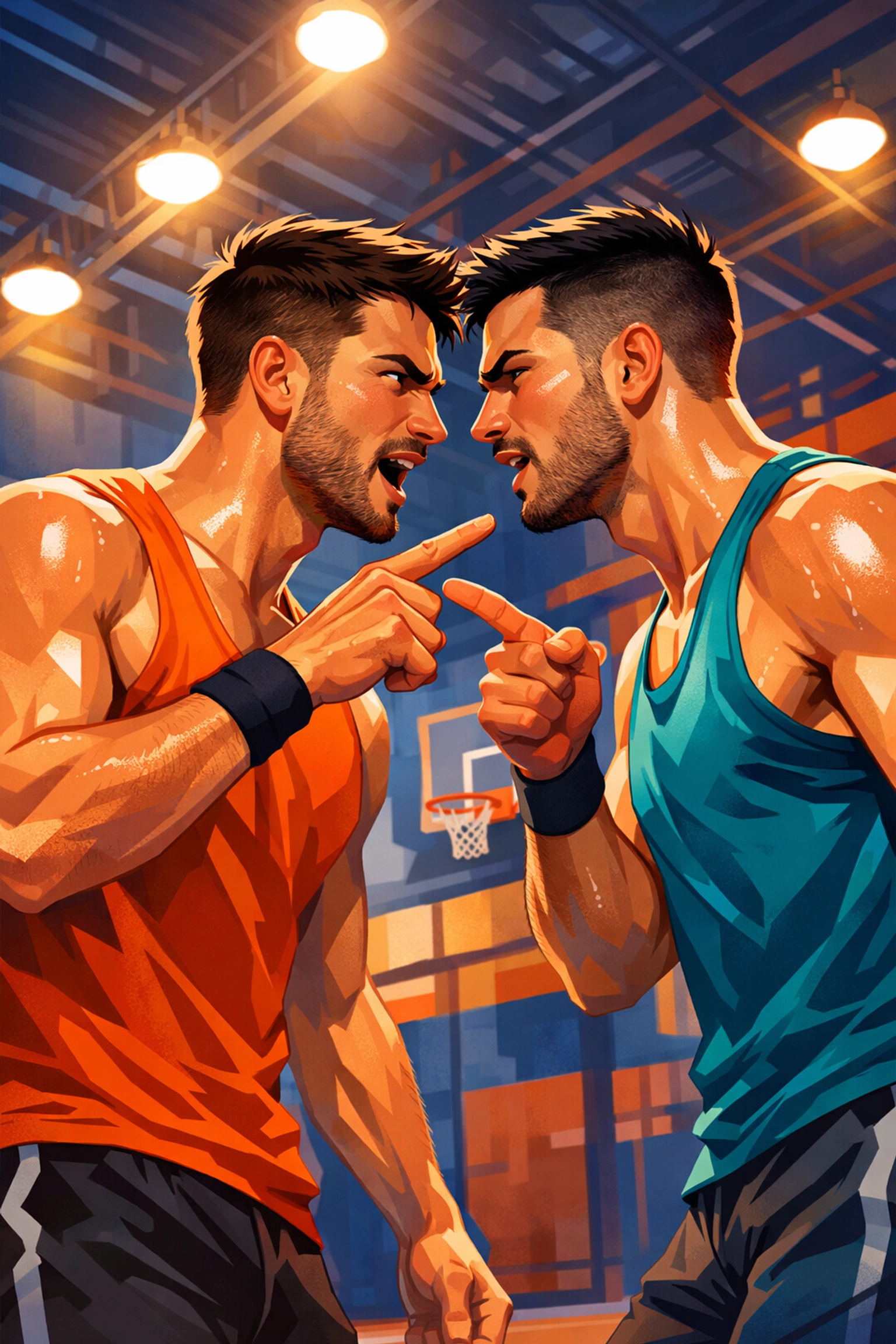 Two men in athletic wear arguing on basketball court showing competitive MM romance tension