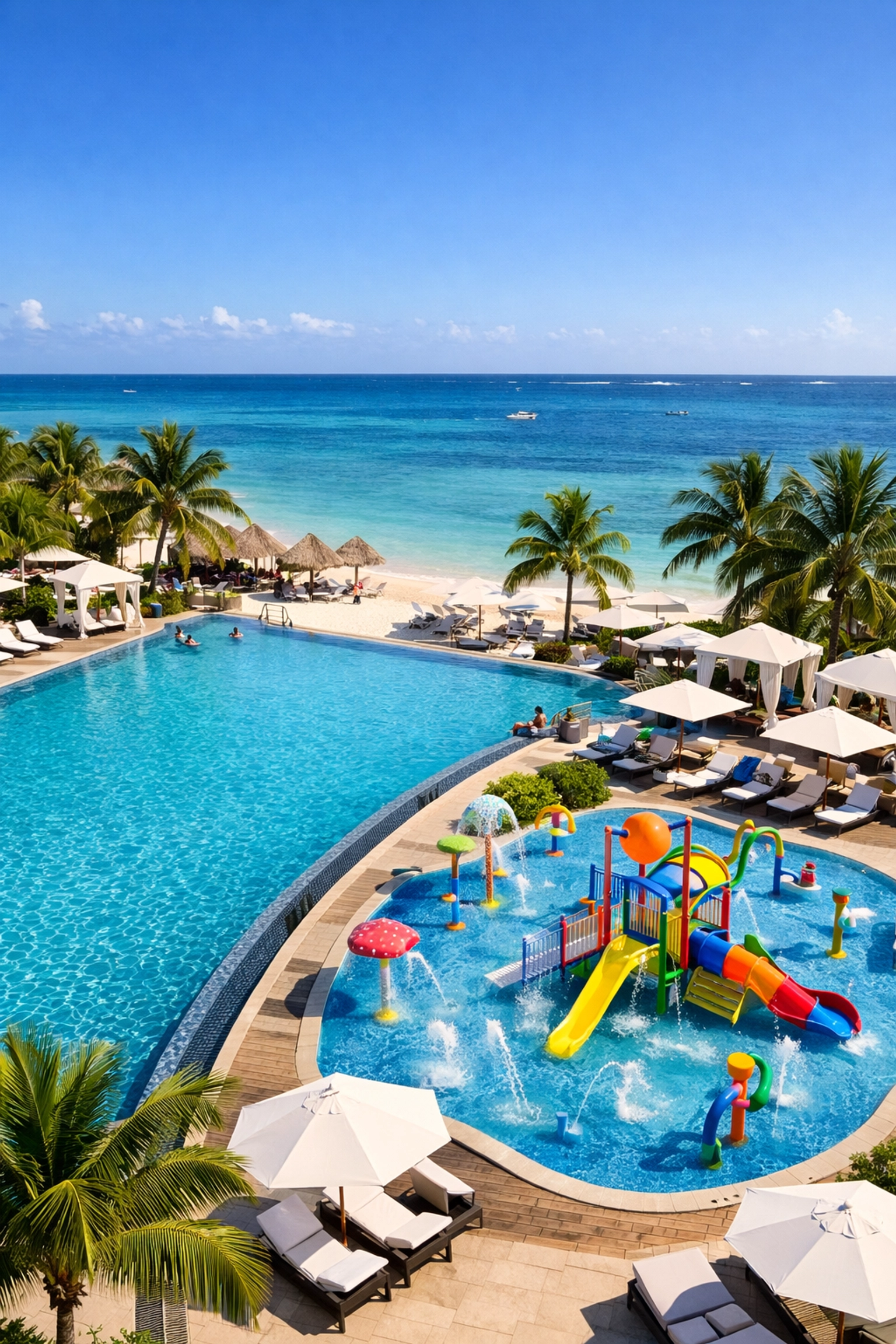 Caribbean all-inclusive resort with a luxury pool and kids' splash pad, perfect for family vacations.