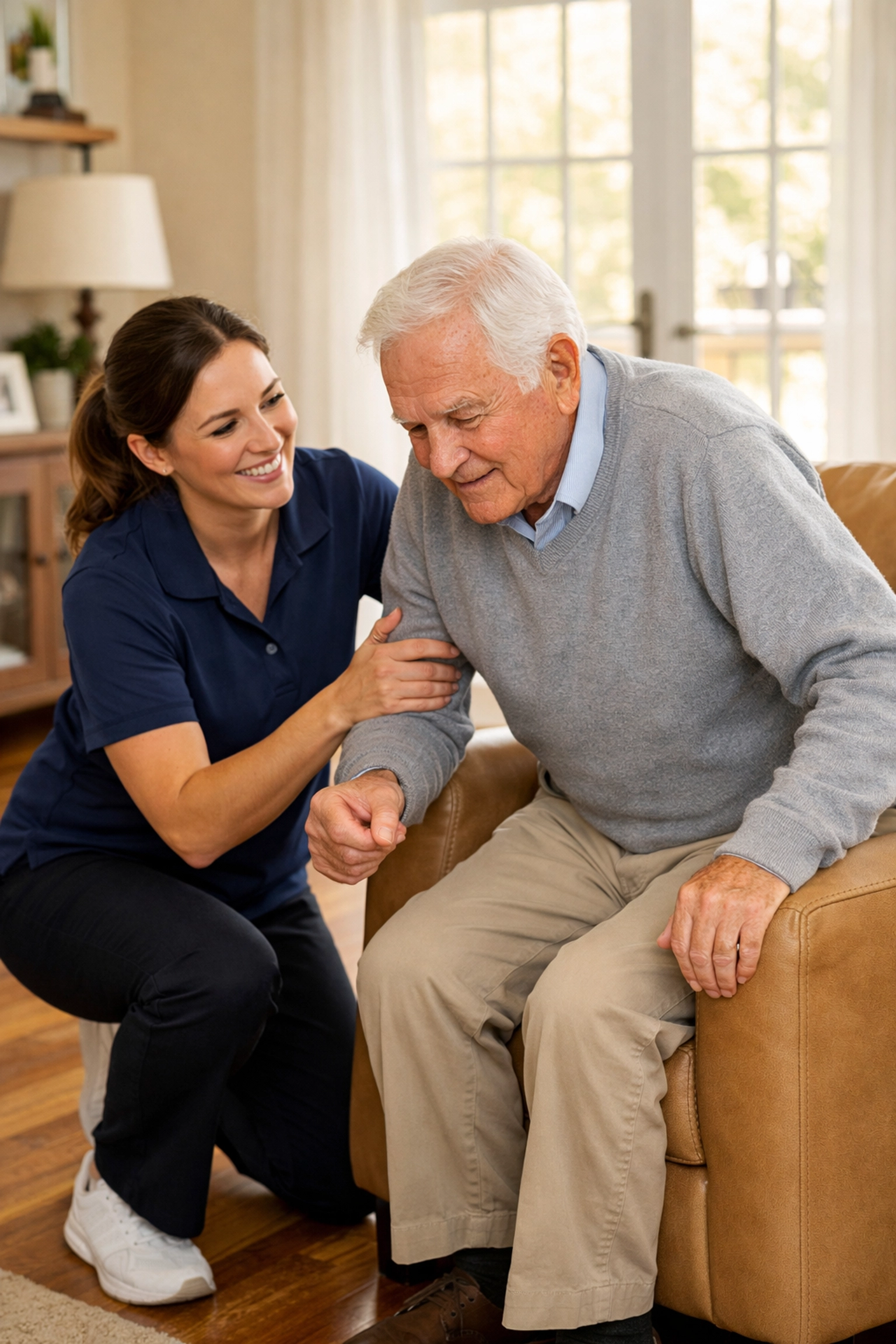 A physical therapist assisting an elderly man rising from a chair during a home mobility assessment.