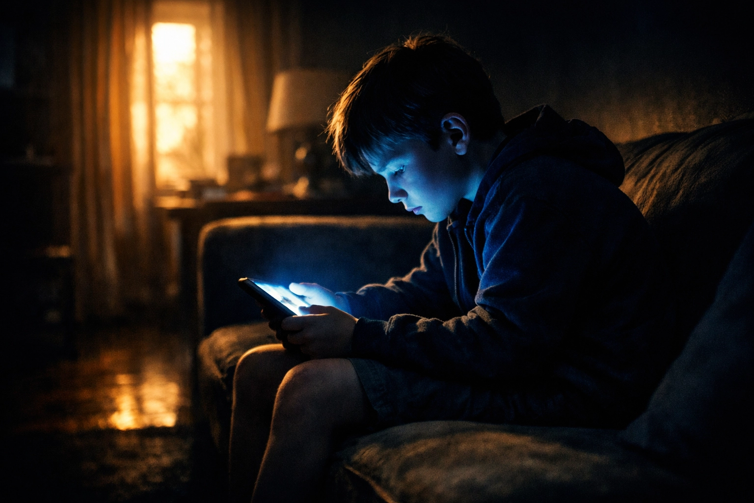 Child hunched over tablet showing excessive screen time effects vs active martial arts training