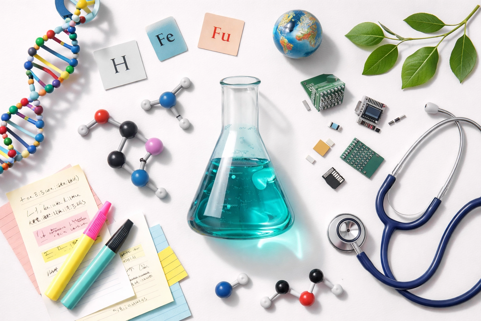 Chemistry flask surrounded by DNA models, plants, and circuits showing how chemistry connects all sciences