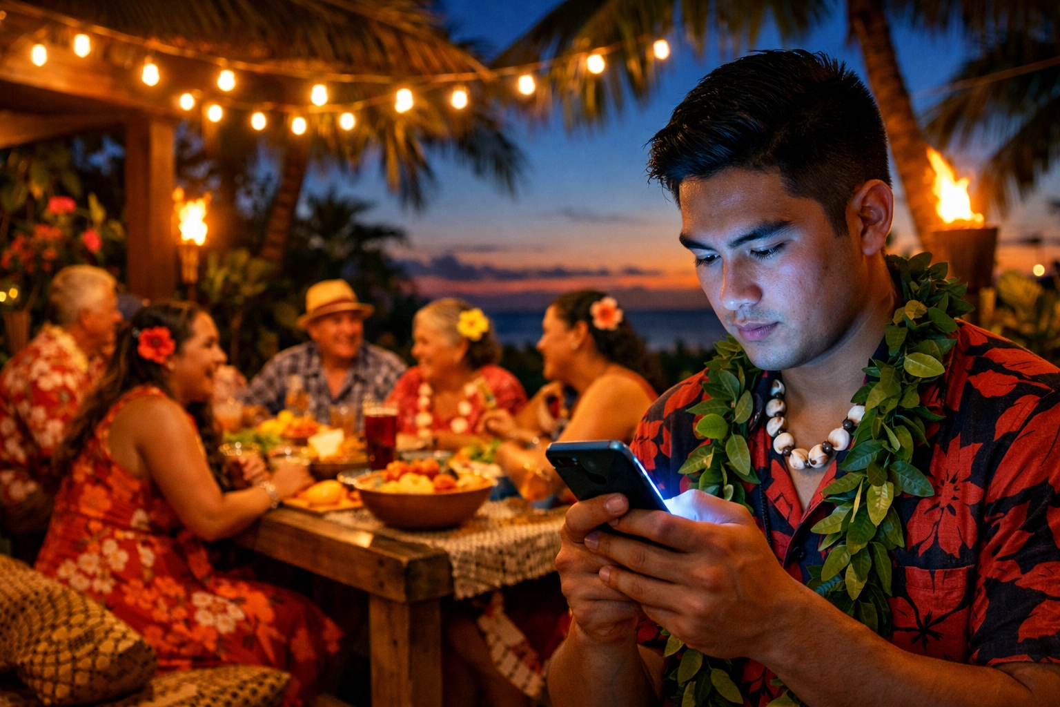 Polynesian man isolated by his phone at a family meal, reflecting current artificial intelligence trends.