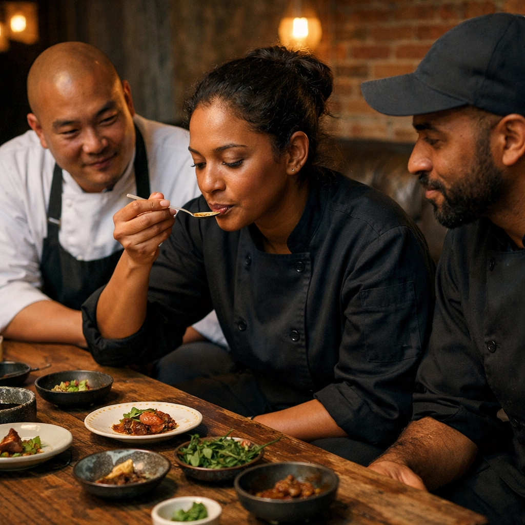 Diverse culinary team conducting a menu strategy tasting to maintain elite restaurant quality standards.