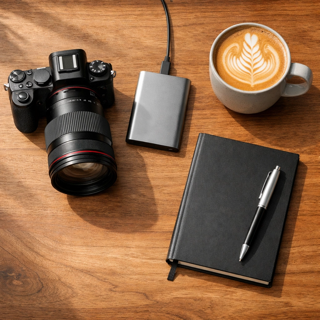 Photographer's desk with mirrorless camera and laptop for post-processing photography tutorials.