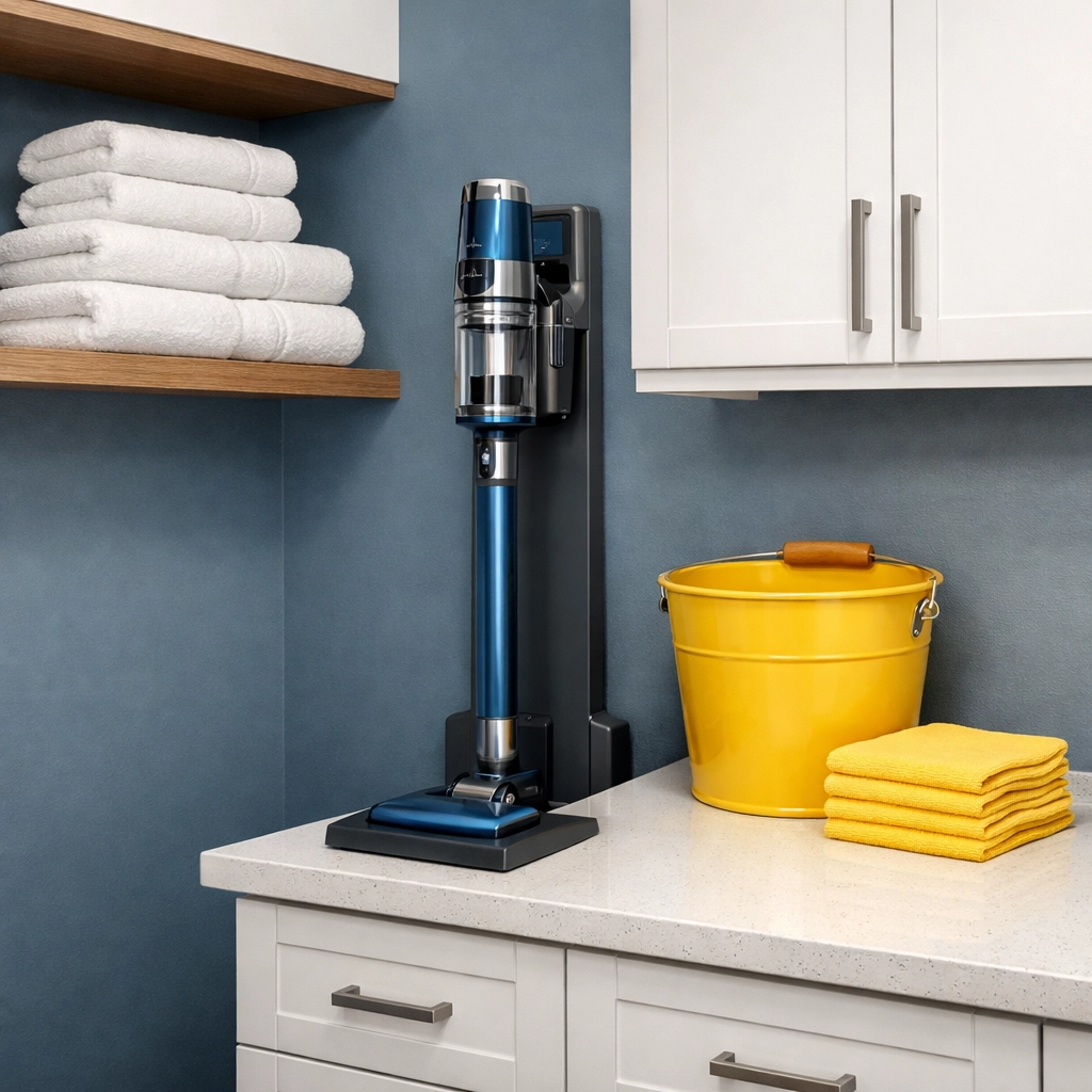 Organized utility room with professional equipment used for consistent weekly house cleaning.