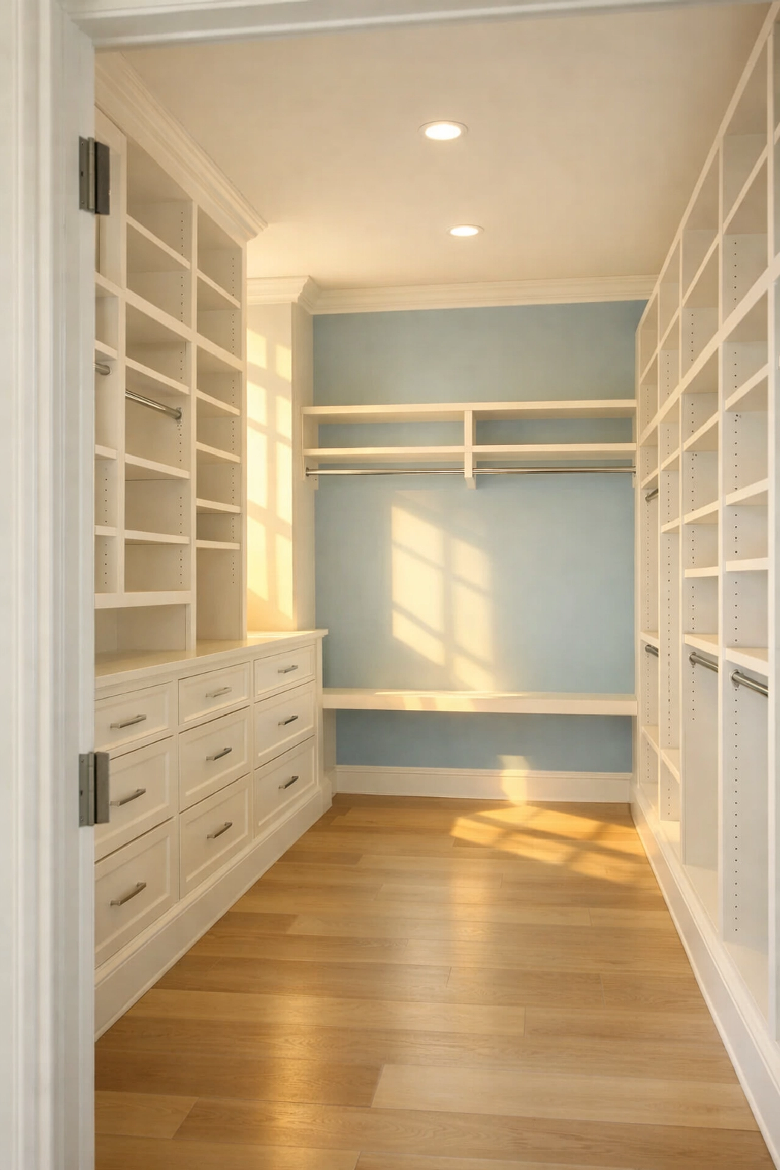 Spotless walk-in closet with clean white shelving after a professional move-out cleaning in Lowell.