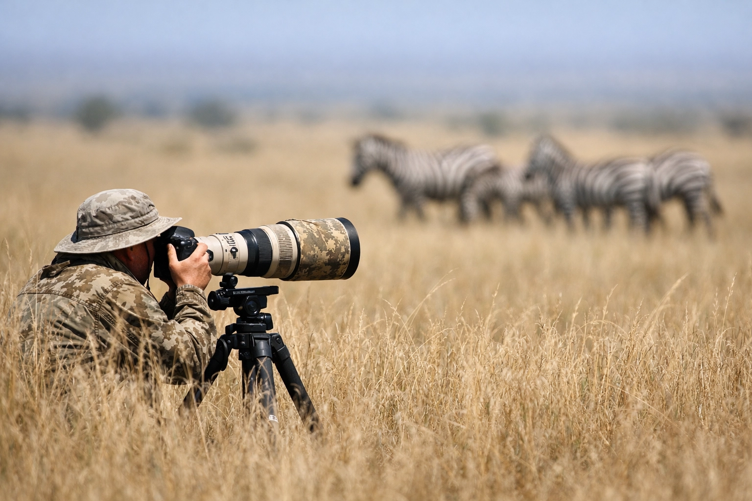 Wildlife photographer using a telephoto lens to capture authentic zebra behavior from a respectful distance.
