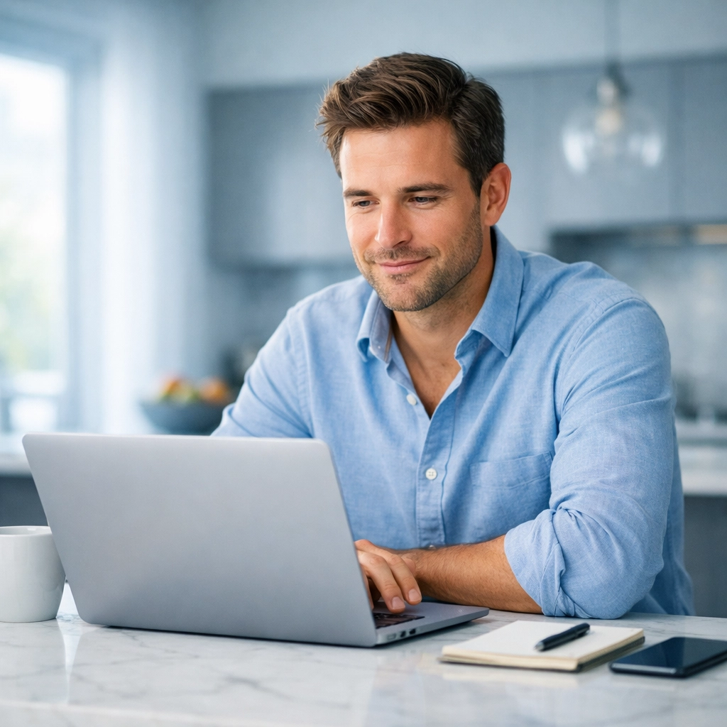 Man using a laptop to apply for an instant loan in Canada from his modern kitchen.