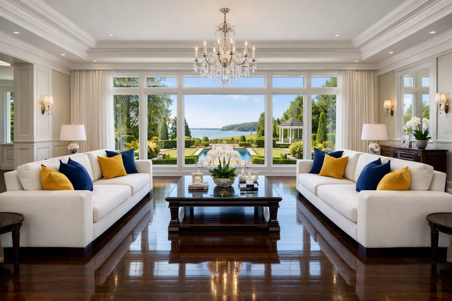 A spotless grand living room in a North Shore estate after Hamilton luxury house cleaning.