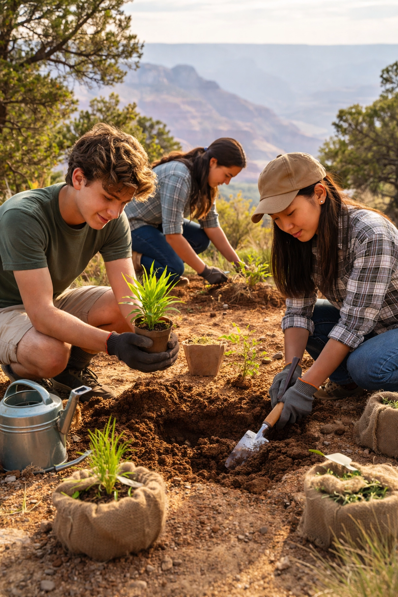 Students plant native seedlings near the Grand Canyon, learning about ecological restoration on a service trip