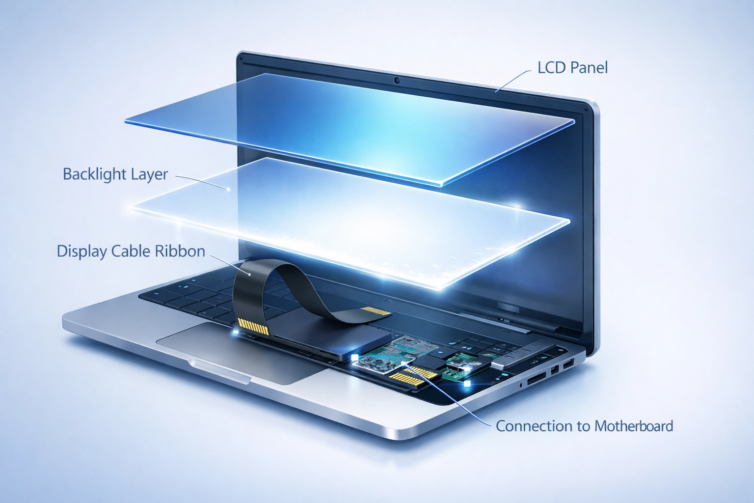 Laptop display components showing LCD panel, backlight, and internal cables