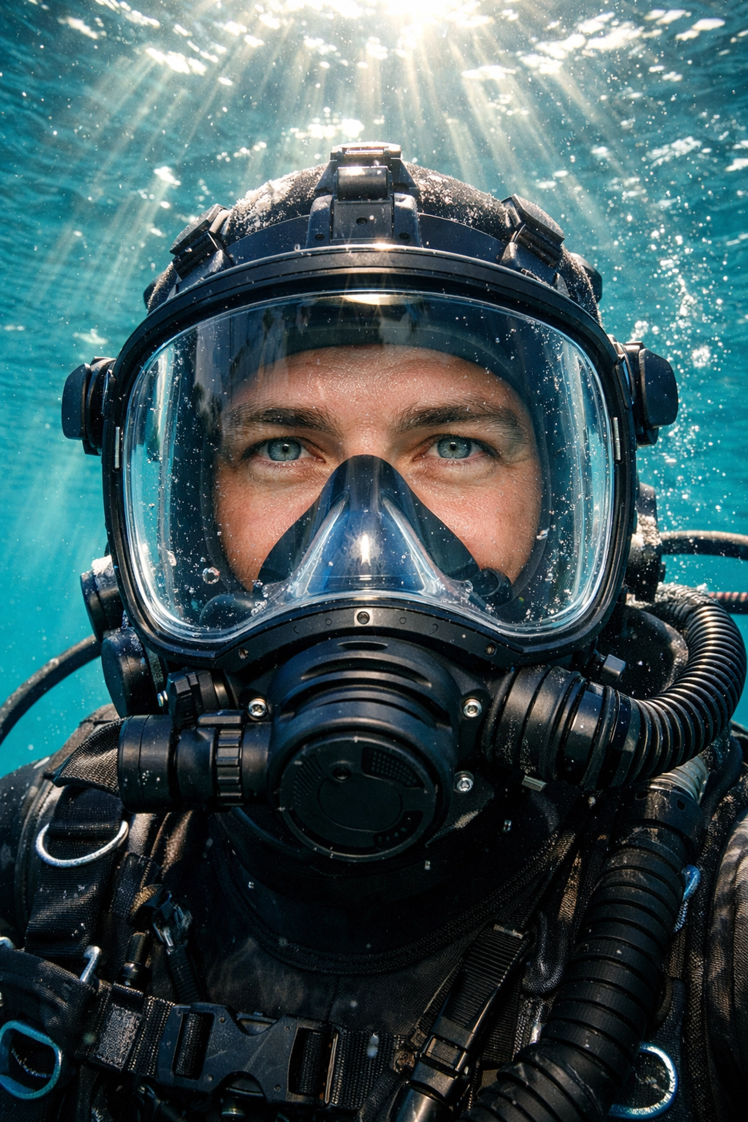 Taucher unter Wasser mit einer Vollgesichtsmaske nutzt das weite Sichtfeld der Panoramascheibe.