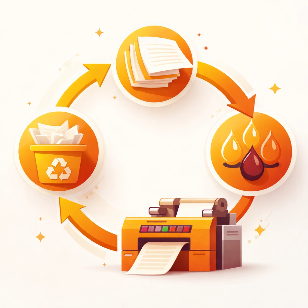 Vector illustration showing the circular economy in print production, highlighting sustainable materials and recycling processes.