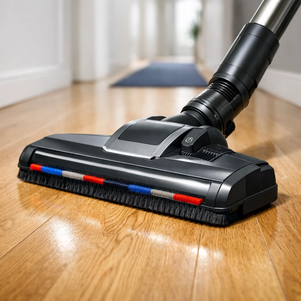 Professional canister vacuum cleaning dust from a reflective light oak hardwood floor surface.