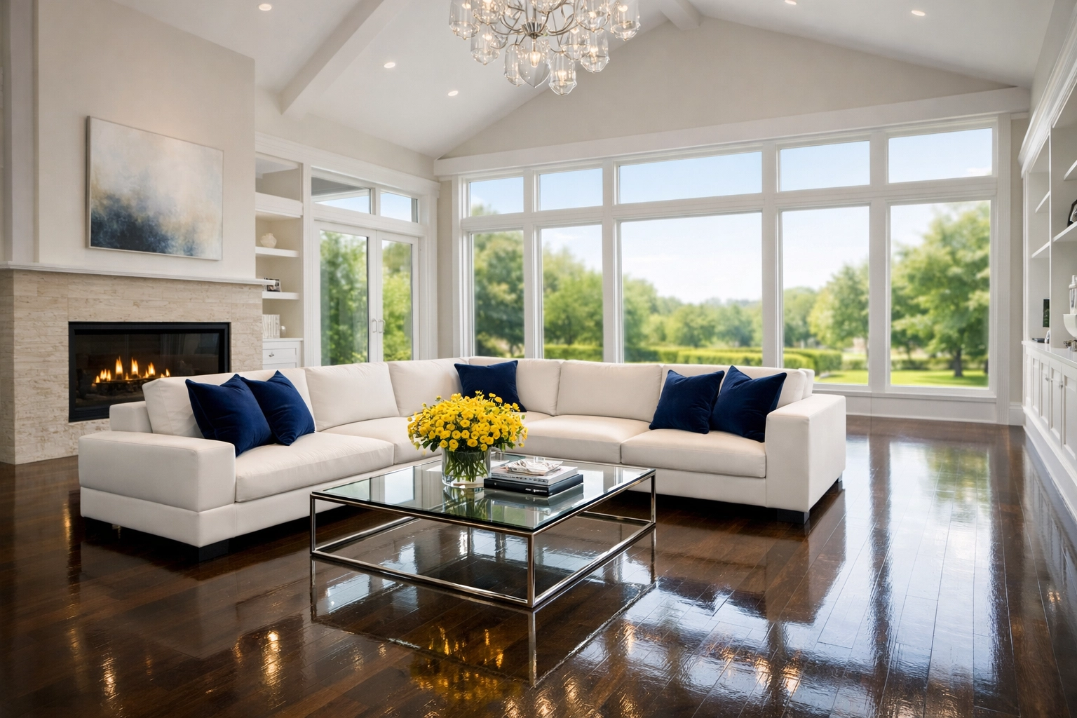 Wayland luxury cleaning secrets revealed in a spotless, high-end living room with polished floors.