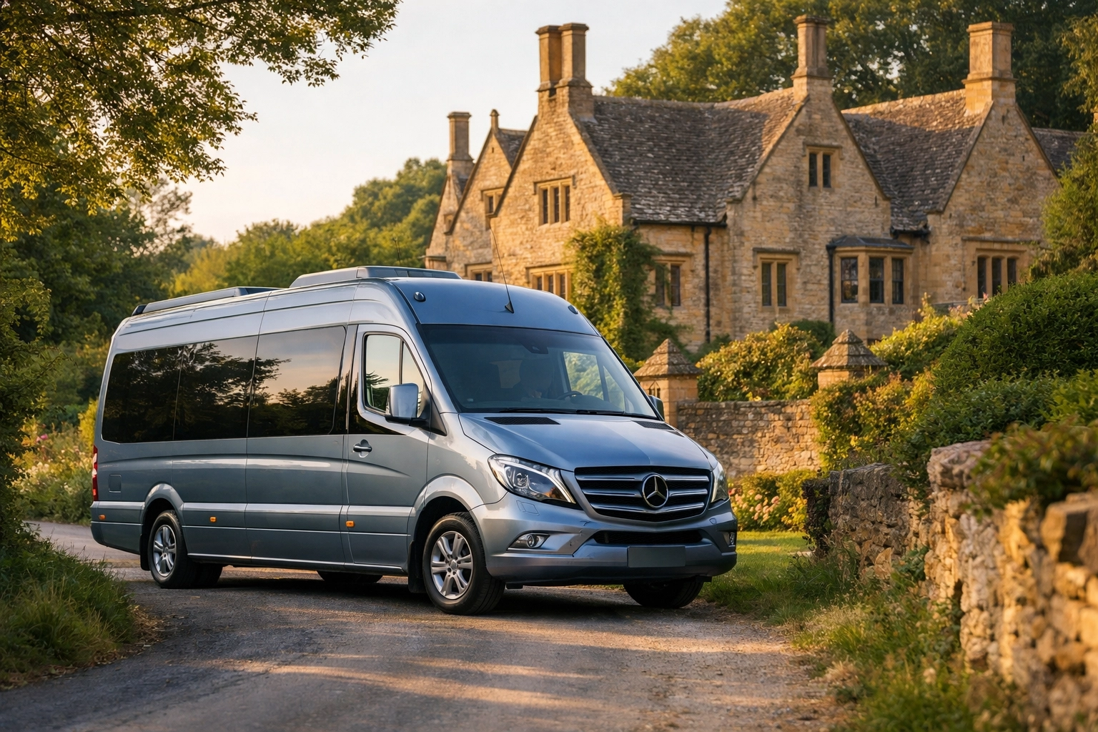 Silver Blue Mercedes minibus for Cotswolds day tours from London parked at a historic manor house.