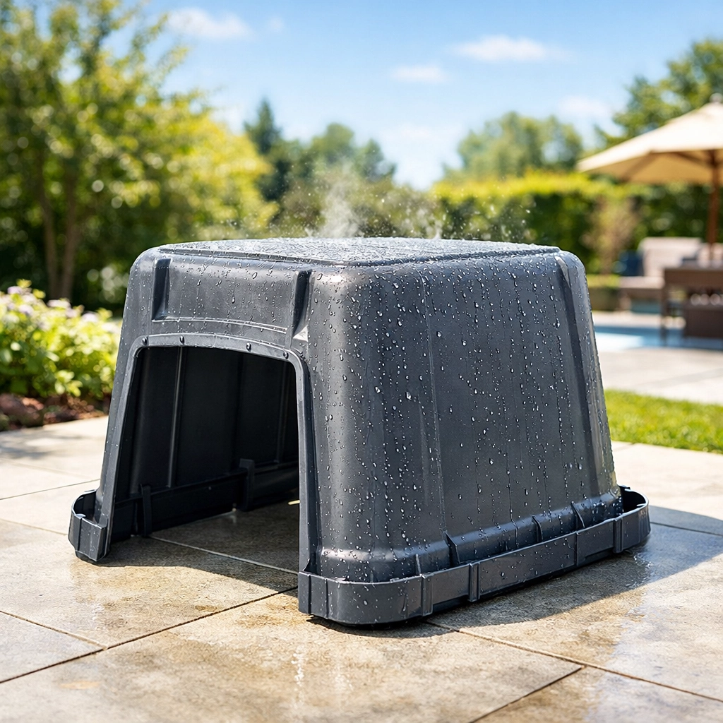 Clean outdoor trash bin drying in the sun as part of a weekly house cleaning routine.