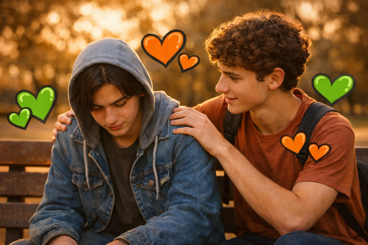 Two teenage friends practicing emotional intelligence through supportive conversation