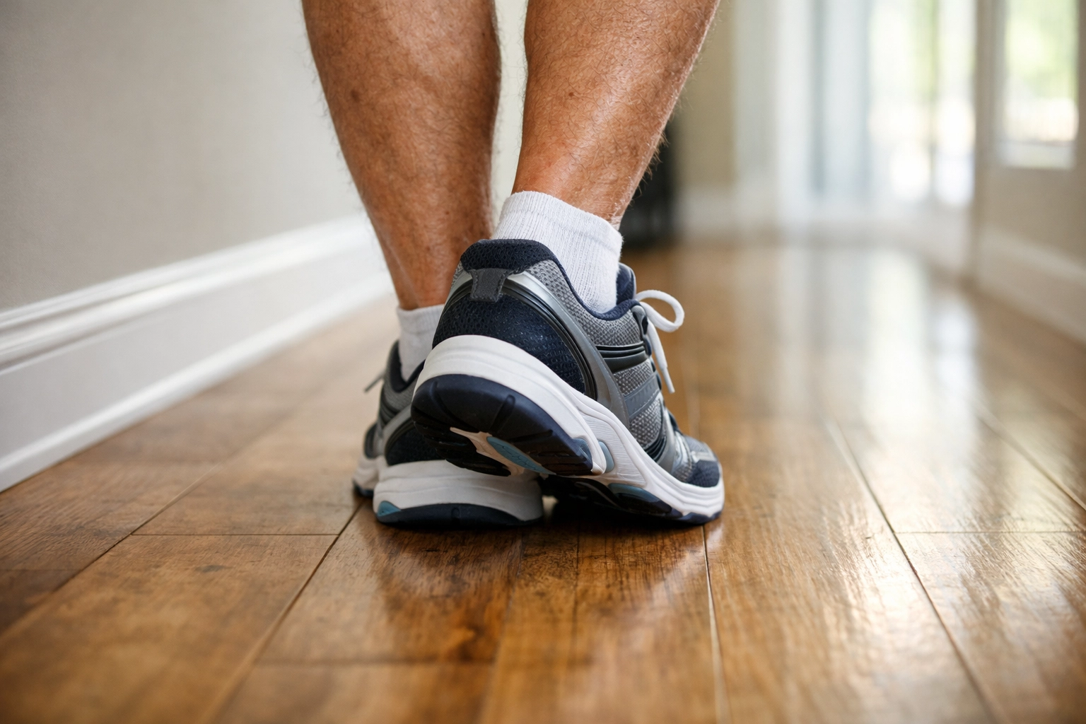 Heel-to-toe walking exercise demonstrating proper balance training technique for seniors