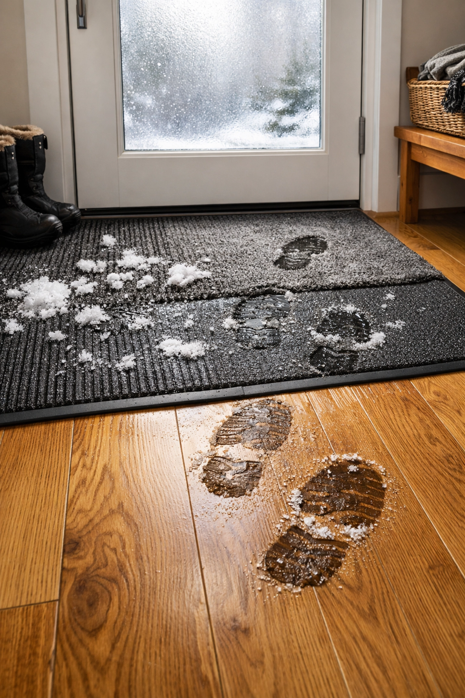 Winter entryway mat protecting hardwood floors from snow and salt damage in Chicago home