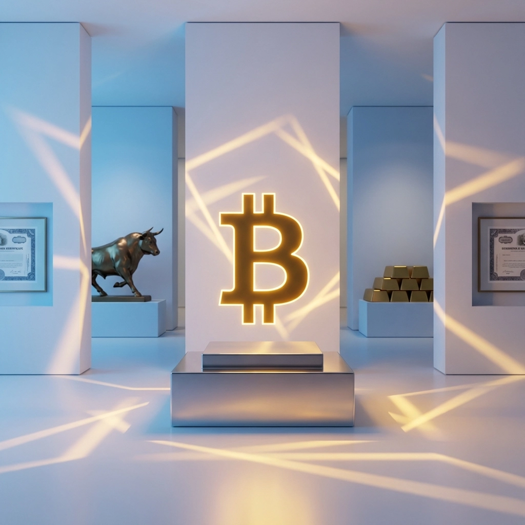 Golden Bitcoin symbol with classic financial icons, representing institutional-grade crypto investment in diversified portfolios.