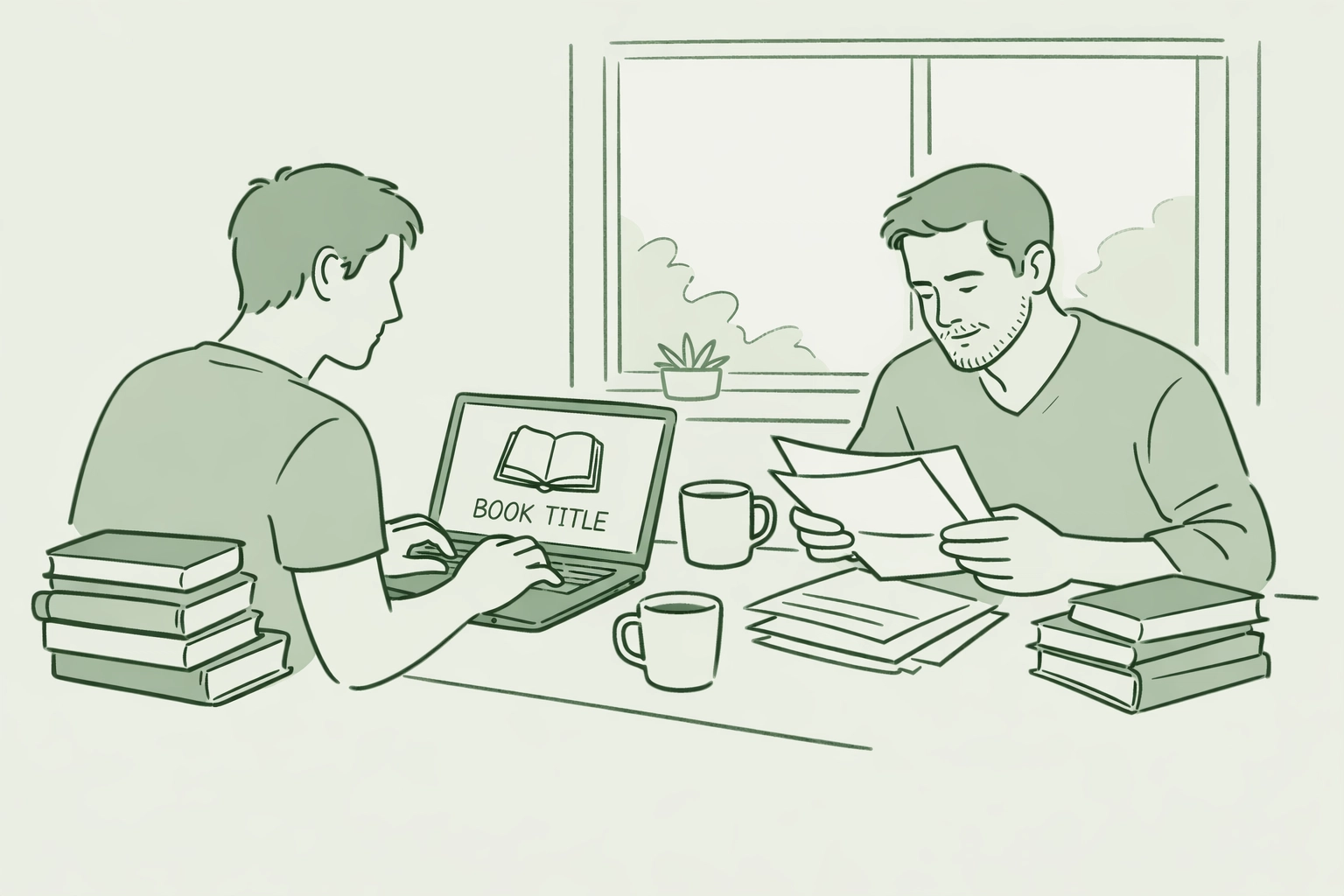 MM romance authors collaborating on book covers and manuscripts in home office workspace