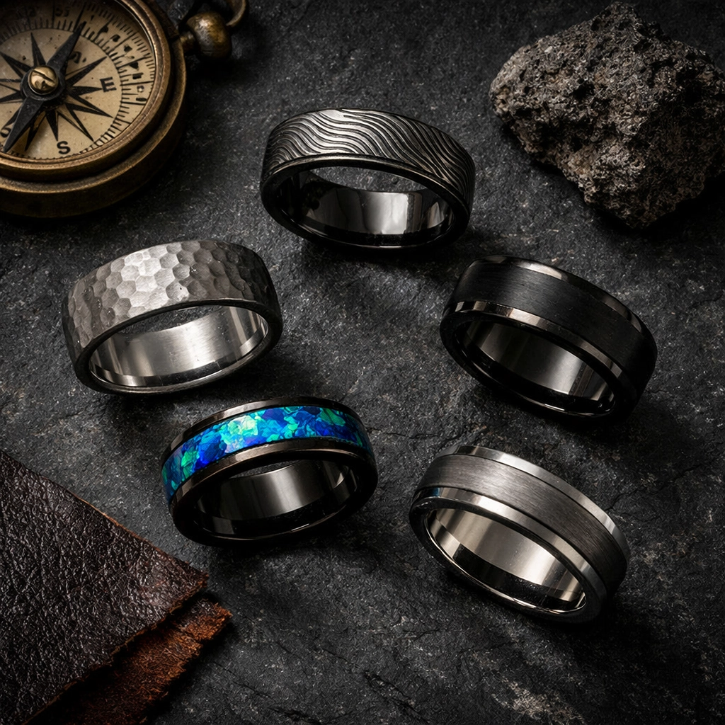 Collection of unique men's wedding rings featuring Damascus steel, hammered textures, and opal inlays.