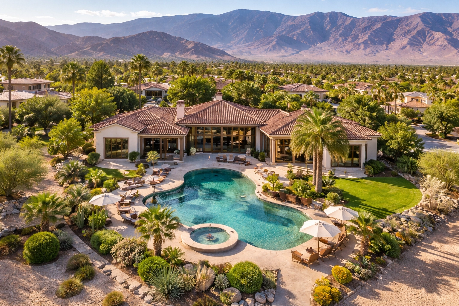 Aerial drone view of a spacious desert estate in Palm Springs, highlighting premium property marketing.