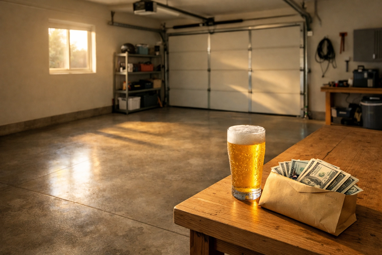 An empty garage and an envelope of cash after selling a motorcycle for a quick Friday payday.