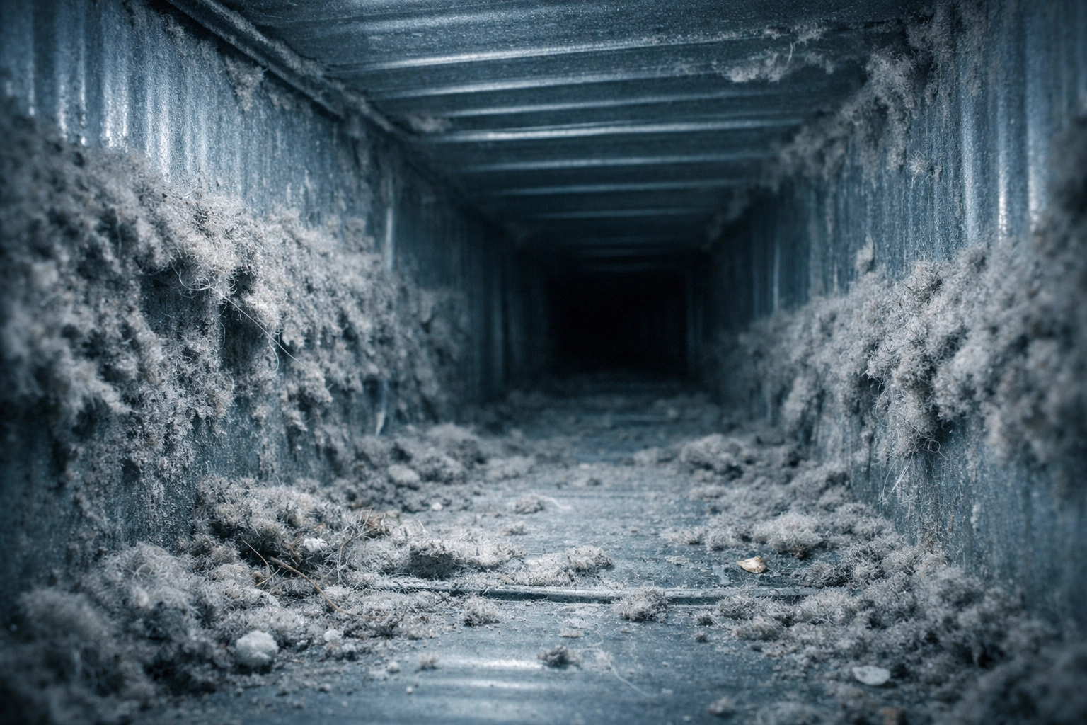 Dirty air duct interior with accumulated dust and debris before HVAC cleaning