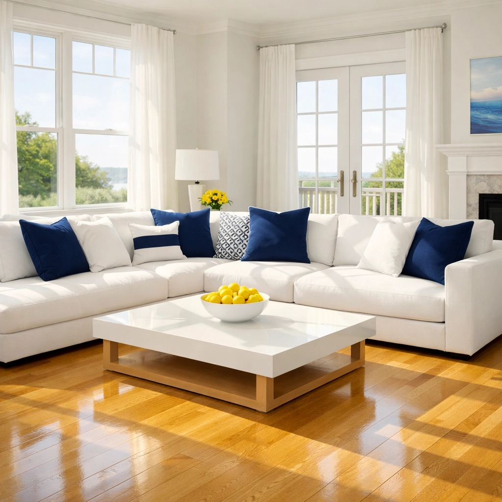 Sun-drenched Massachusetts living room featuring a white sofa and immaculate floors after deep cleaning services.