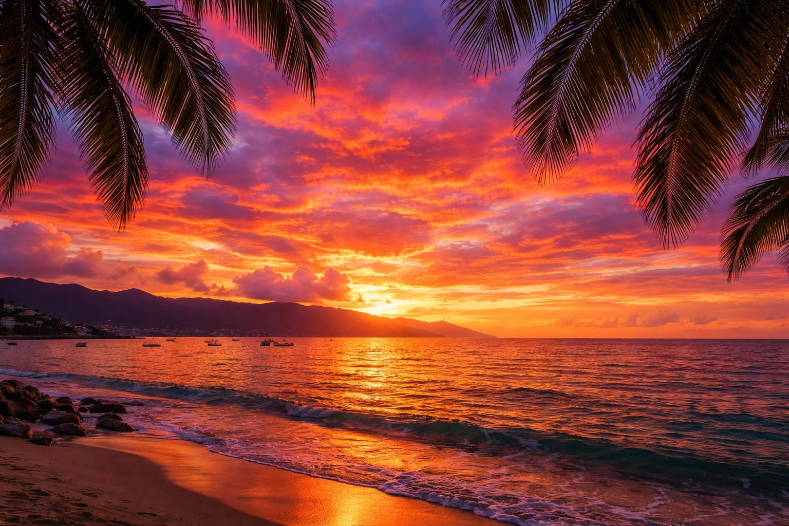 Colorful Puerto Vallarta sunset over Banderas Bay with Sierra Madre mountains and palm trees in view