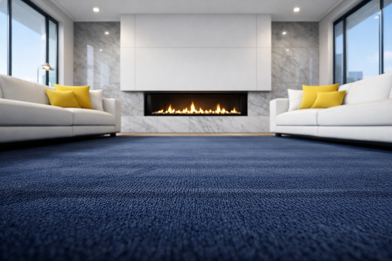 Impeccably organized living room with a freshly vacuumed rug and dust-free surfaces in a modern home.