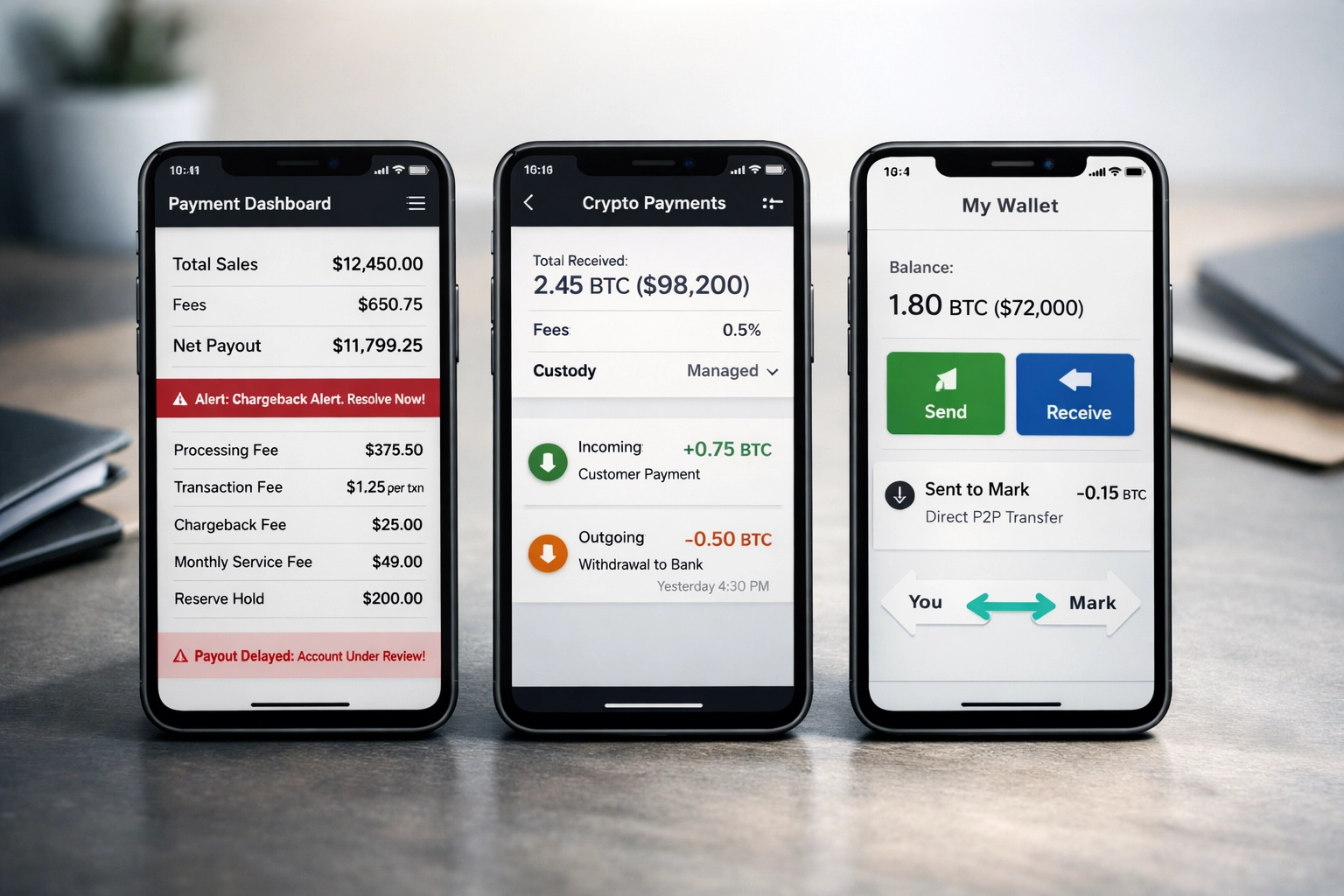 Comparison of payment processor dashboards: traditional fees vs crypto custody vs self-custody wallet