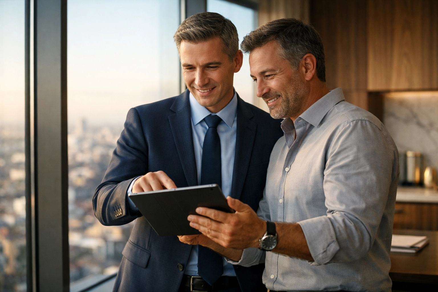 A professional advisor and business owner reviewing a financial strategy together for long-term wealth planning.