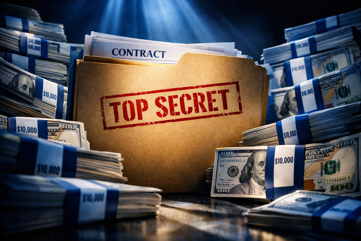 Top secret NIL contract folder surrounded by cash representing college athlete compensation secrecy