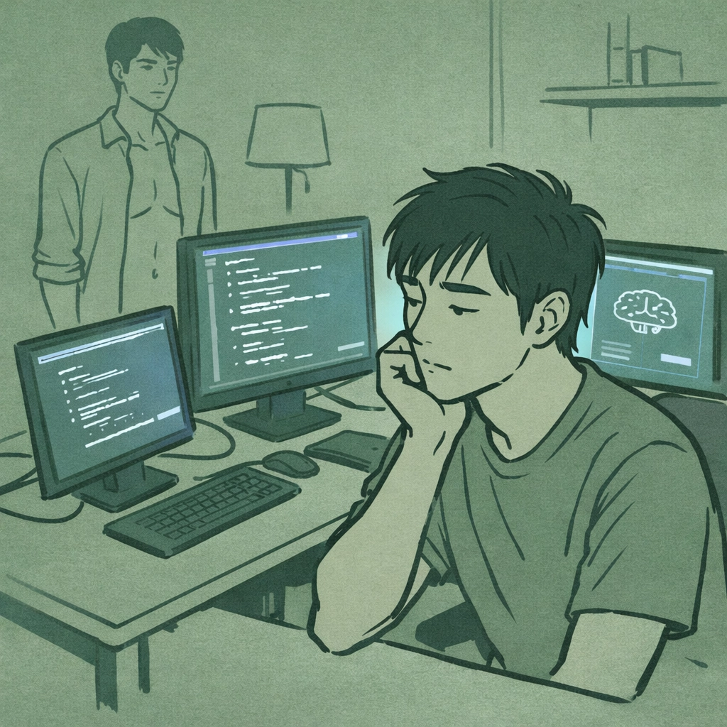 Gay AI developer at computer with male companion doll, exploring loneliness and technology in MM romance