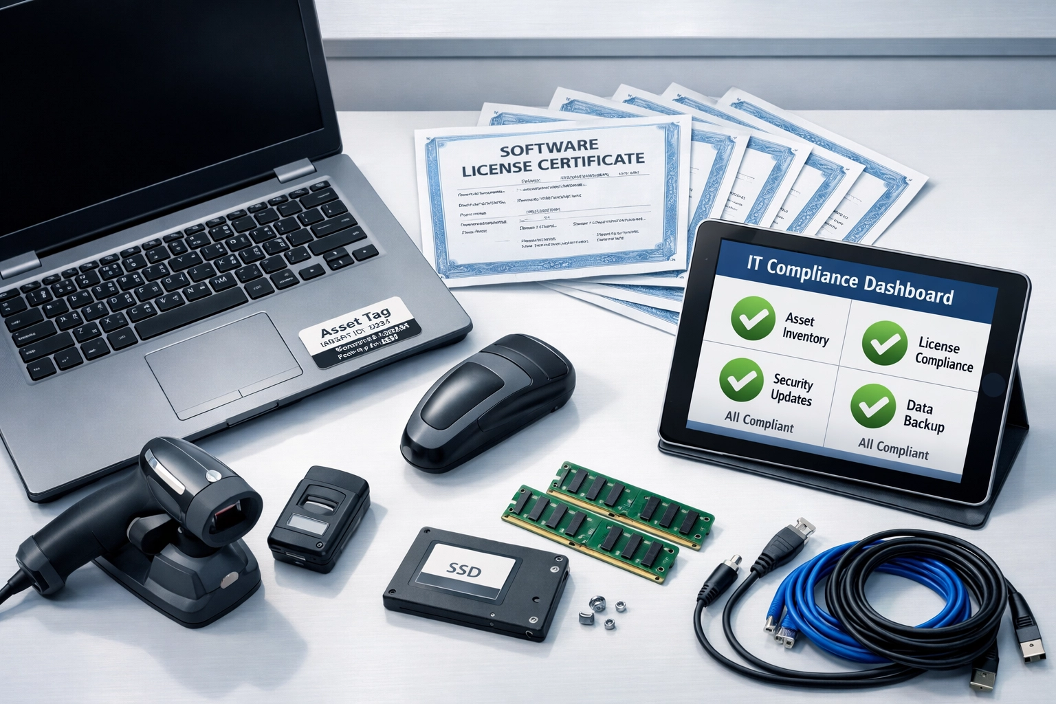 ServiceNow ITAM workspace with asset tracking tags, software licenses, and compliance monitoring dashboard