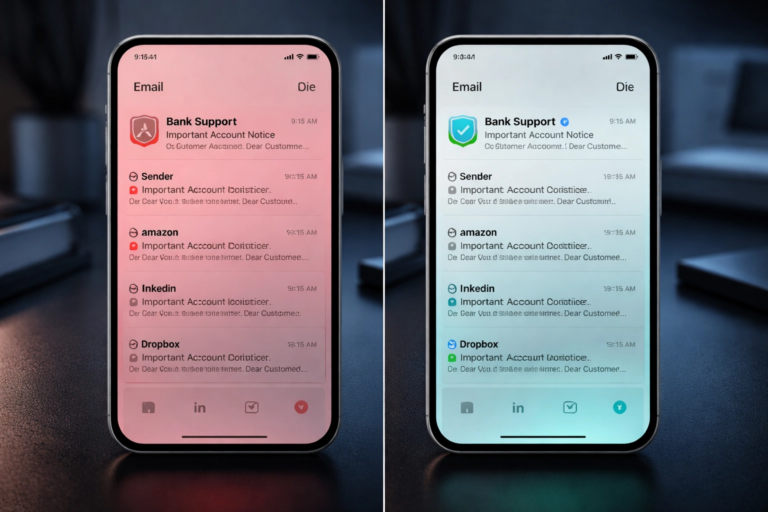 Side-by-side comparison of suspicious and verified emails, highlighting BIMI logo for brand trust and phishing protection