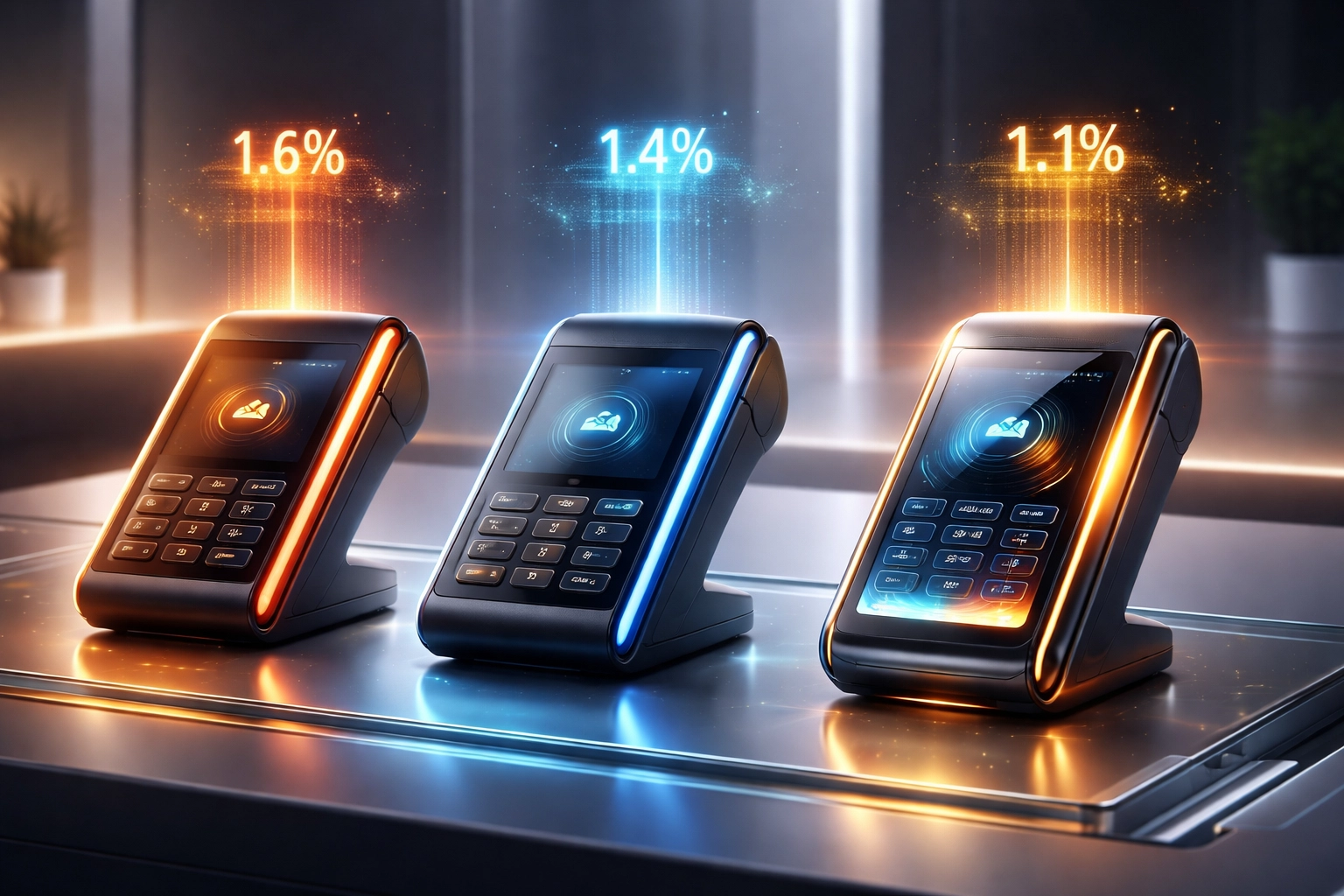 Three modern crypto POS terminals compared side by side, highlighting payment system innovations and fee differences.