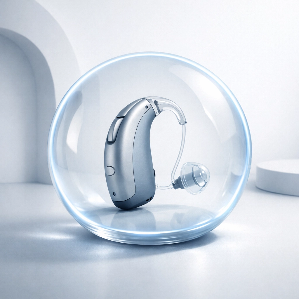 Modern hearing aid inside a protective sphere representing insurance coverage and financial security for devices.