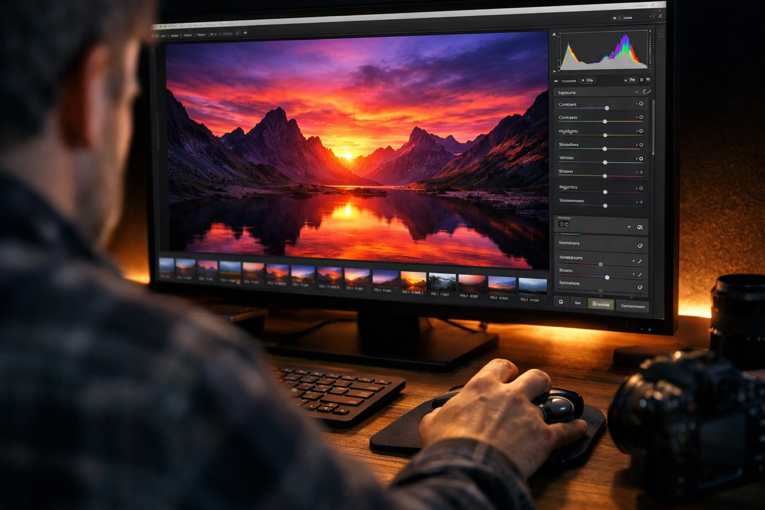 Photographer in a creative flow state editing a landscape, showing the impact of daily photography tutorials.