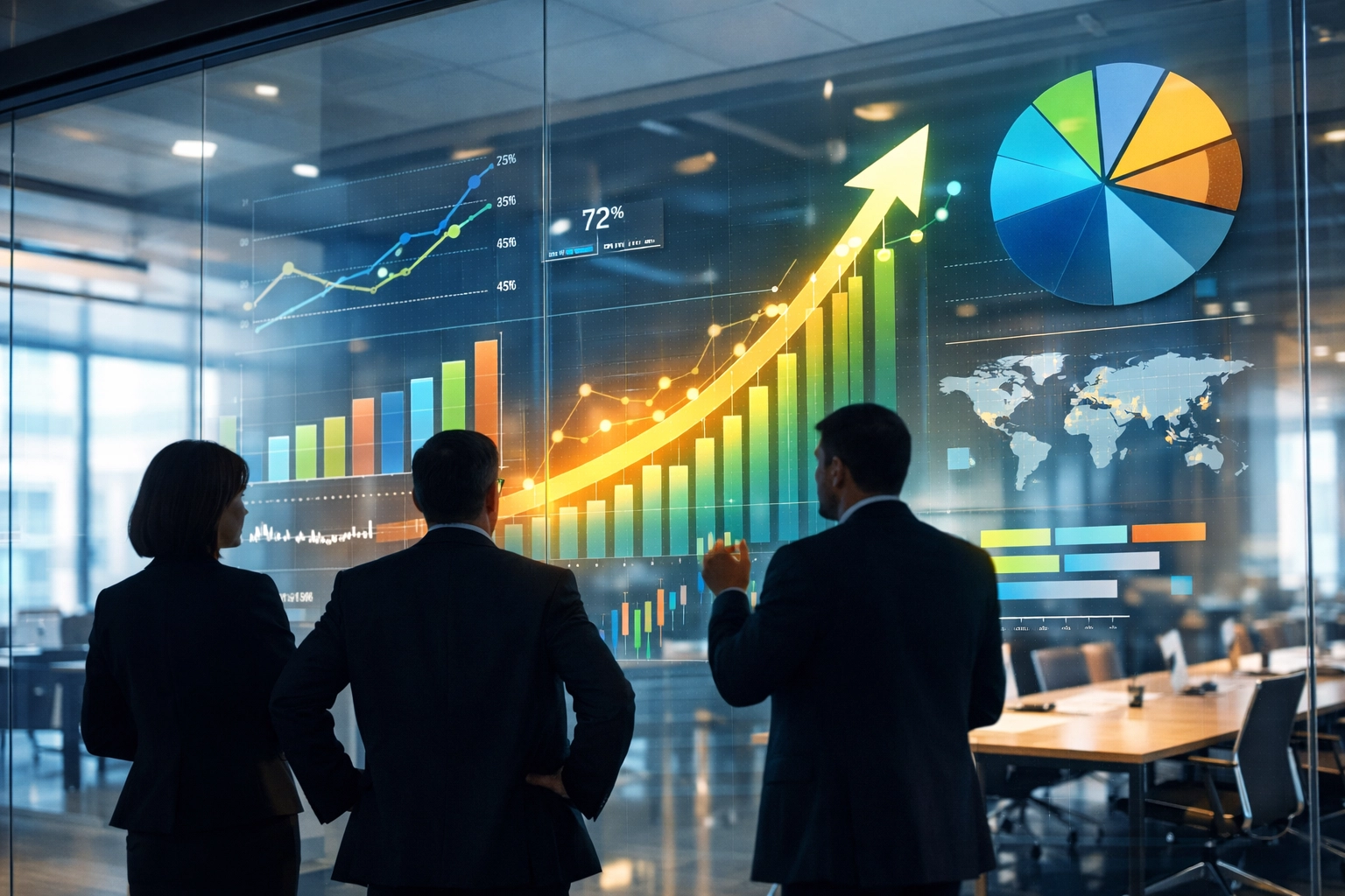 Business executives reviewing workforce growth analytics and data visualization charts on glass wall